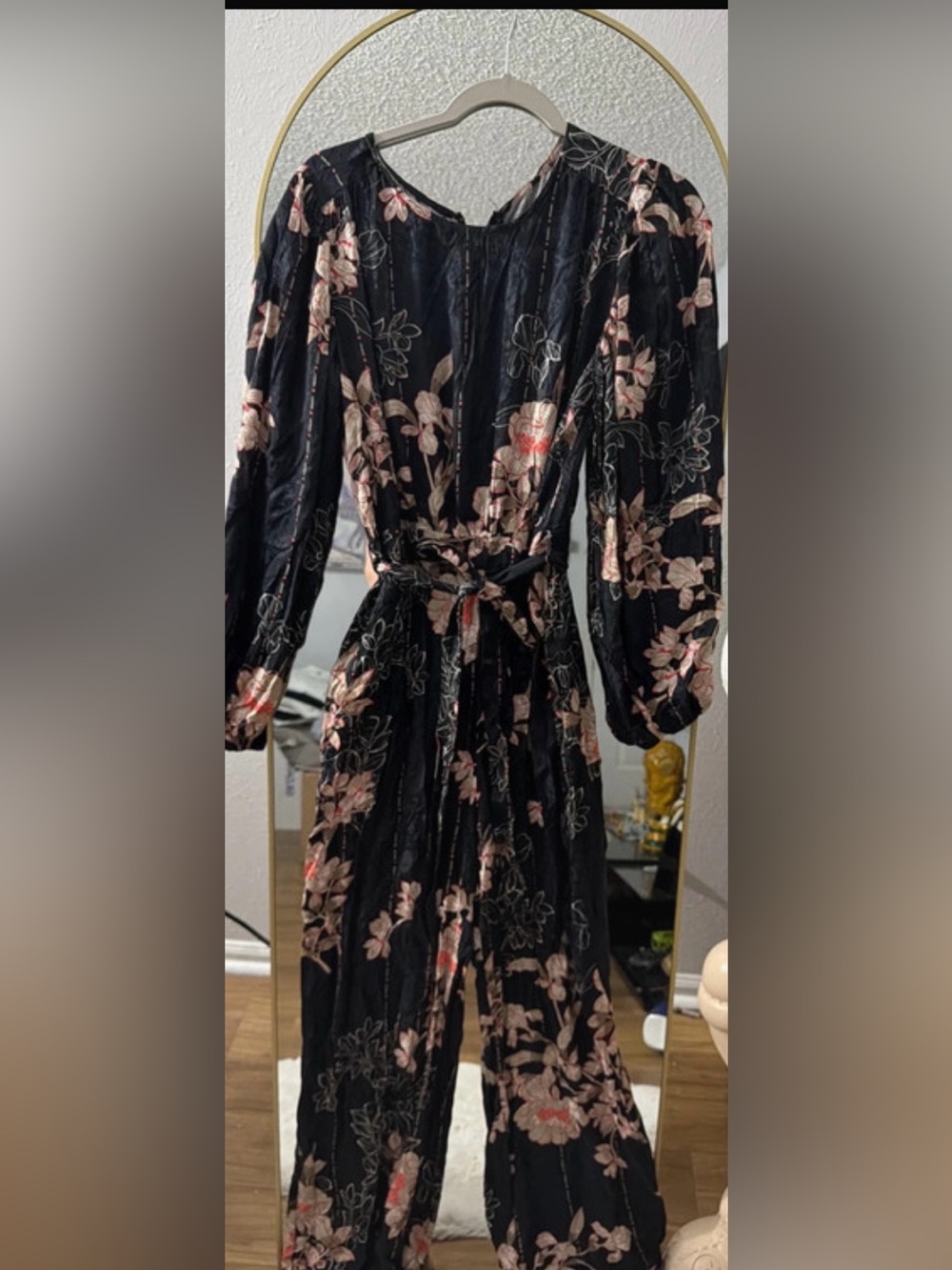 Rewind Black Floral Long Sleeve Tie-Waist Jumpsuit with Blush Accents